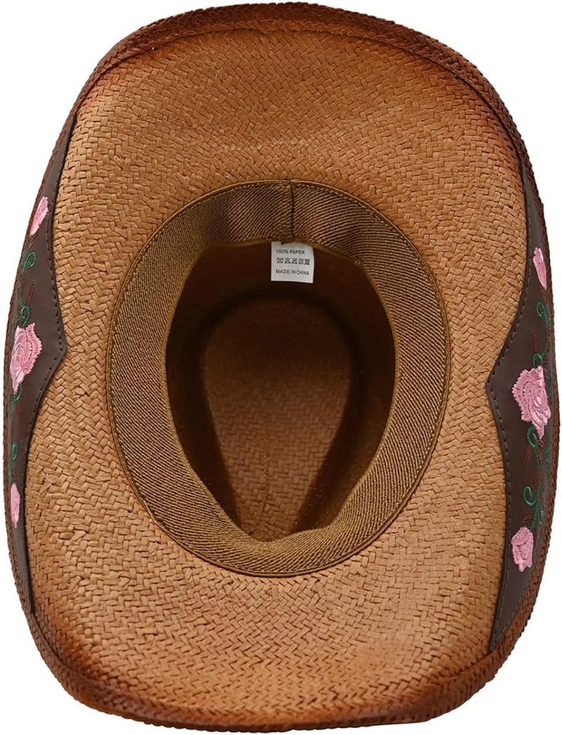 Foeran Men's Women's Straw Cowboy Hat Cowgirl Woven Sun Hat Western Cowboy Hat Two Decorative Bands - Image 3